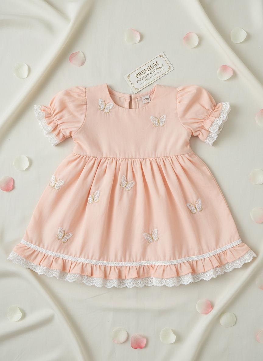 Peach Butterfly Frock — premium baby girls lawn frock by BabeLawn